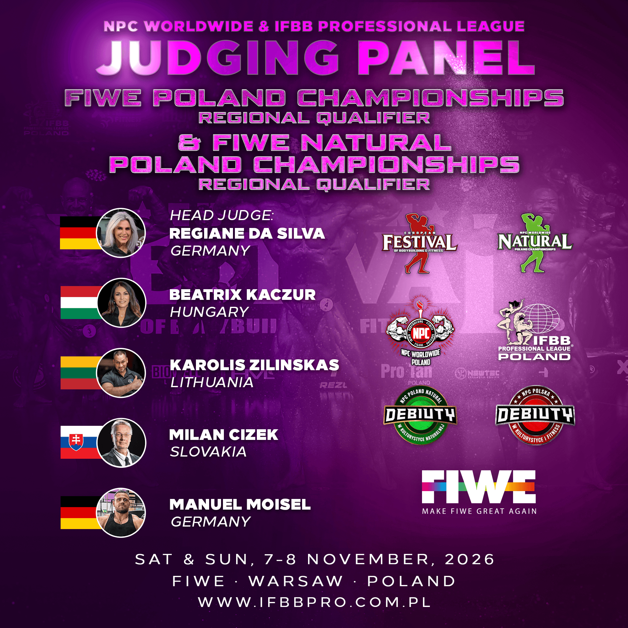 Panel sędziowski zawodów FIWE, 7-8 listopada 2026