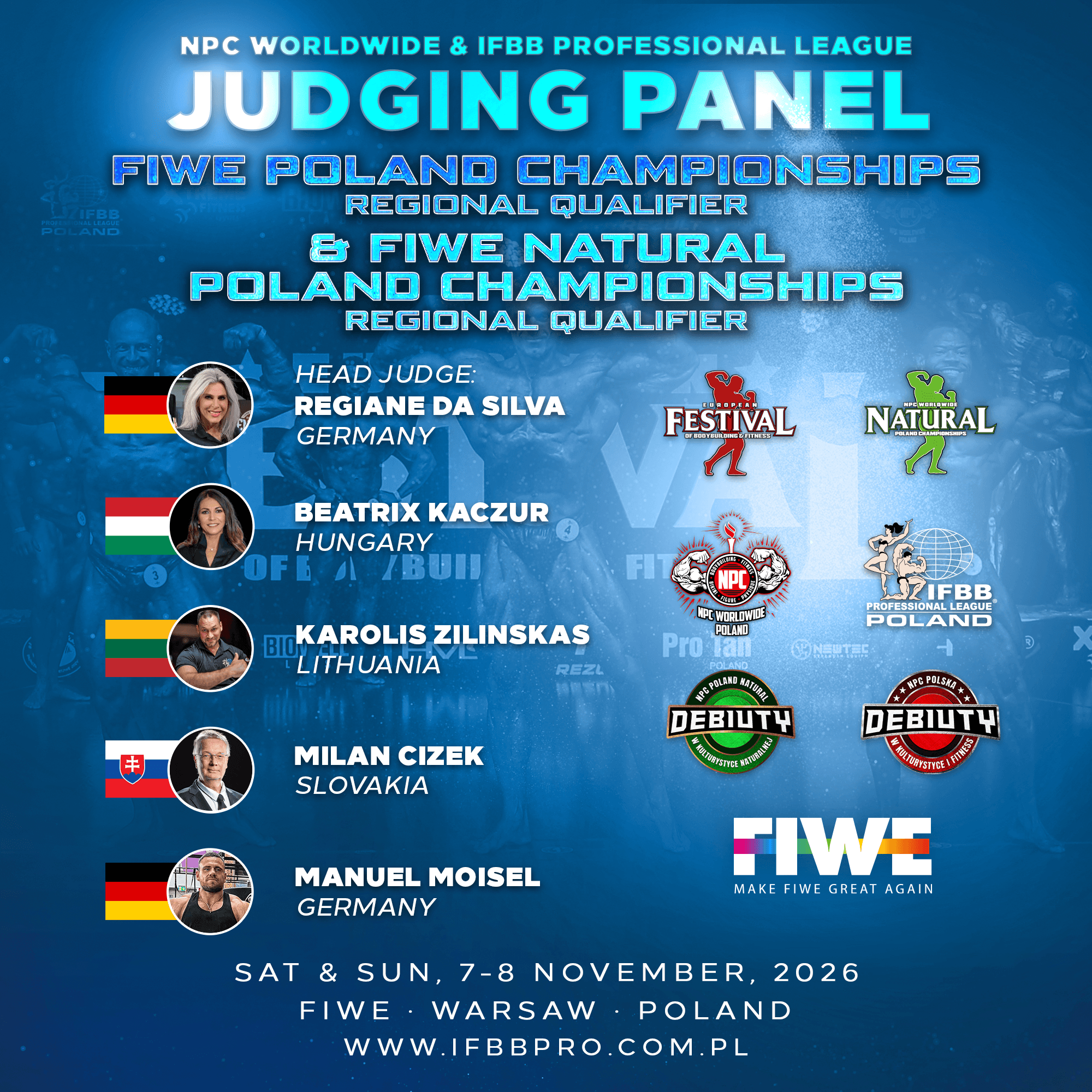 Panel sędziowski zawodów FIWE, 7-8 listopada 2026
